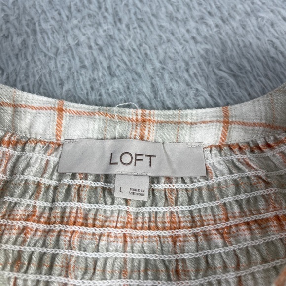 Loft Womens Plaid Smocked Neck Blouse Orange Grey Long Sleeve Top Large - Picture 2 of 9